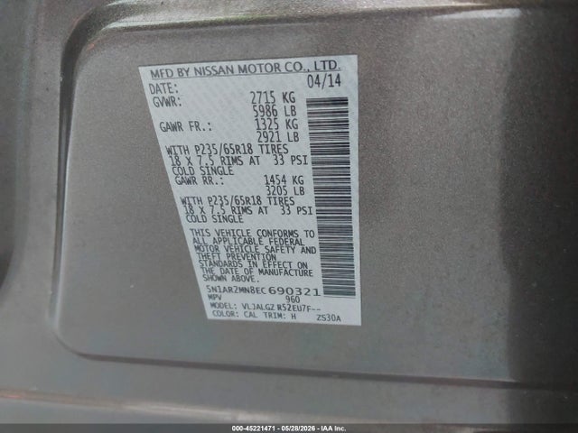 Aukcja sprzedaży 2014 Nissan Pathfinder Sl, vin: 5N1AR2MN8EC690321, numer aukcji: 45221471