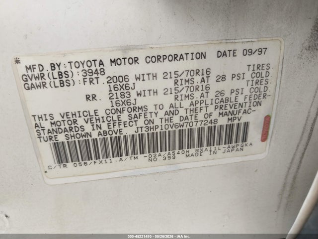 1998 Toyota Rav4 მანქანა იყიდება აუქციონზე, vin: JT3HP10V6W7077248, აუქციონის ნომერი: 45221480