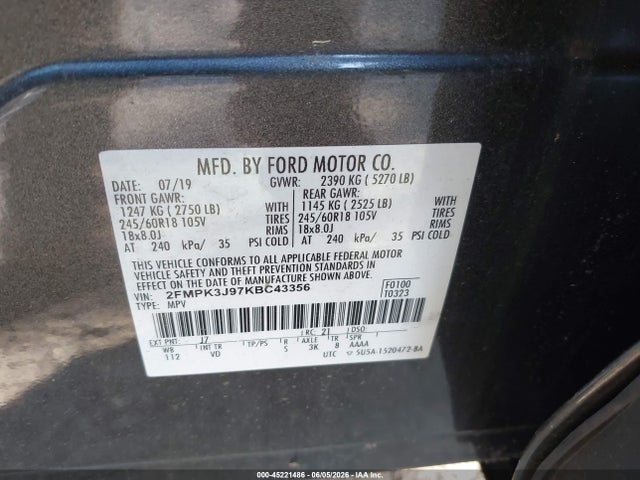 Aukcja sprzedaży 2019 Ford Edge Sel, vin: 2FMPK3J97KBC43356, numer aukcji: 45221486