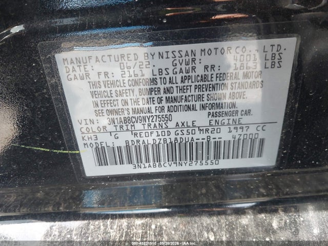 2022 Nissan Sentra Sv Xtronic Cvt მანქანა იყიდება აუქციონზე, vin: 3N1AB8CV9NY275550, აუქციონის ნომერი: 45221510