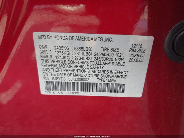 45221514 :رقم المزاد ، 5J8YD3H55KL006002 vin ، 2019 Acura Mdx Tech Pkg مزاد بيع