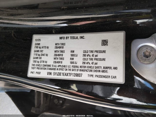 45221516 :رقم المزاد ، 5YJ3E1EAXTF139807 vin ، 2026 Tesla Model 3 Premium Rear-wheel Drive/rear-wheel Drive مزاد بيع