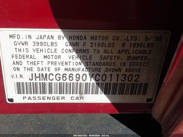 Aukcja sprzedaży 2000 Honda Accord 2.3 Se, vin: JHMCG6690YC011302, numer aukcji: 45221523