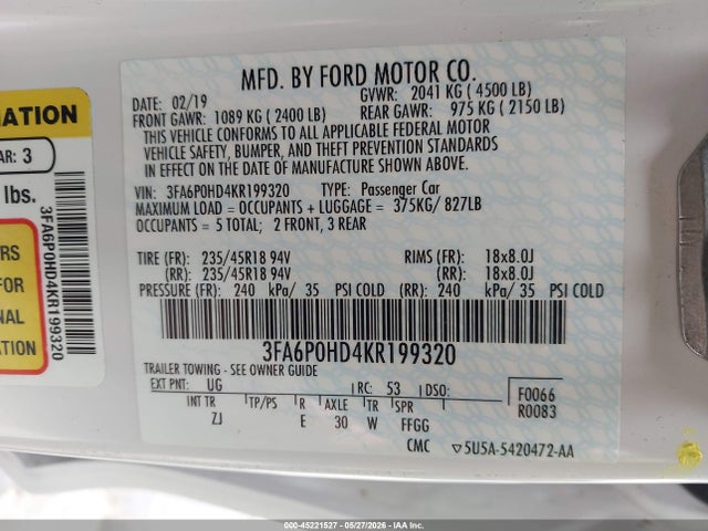 Aukcja sprzedaży 2019 Ford Fusion Se, vin: 3FA6P0HD4KR199320, numer aukcji: 45221527