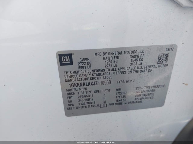 Aukcja sprzedaży 2018 Gmc Acadia Sle-1, vin: 1GKKNKLAXJZ110968, numer aukcji: 45221537