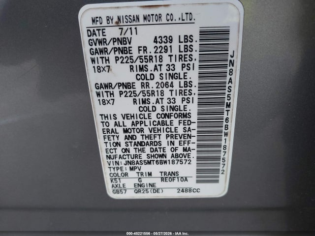 2011 Nissan Rogue Sv მანქანა იყიდება აუქციონზე, vin: JN8AS5MT6BW187572, აუქციონის ნომერი: 45221556