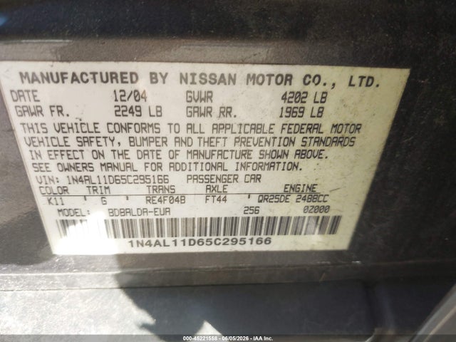 Aukcja sprzedaży 2005 Nissan Altima 2.5 S, vin: 1N4AL11D65C295166, numer aukcji: 45221558