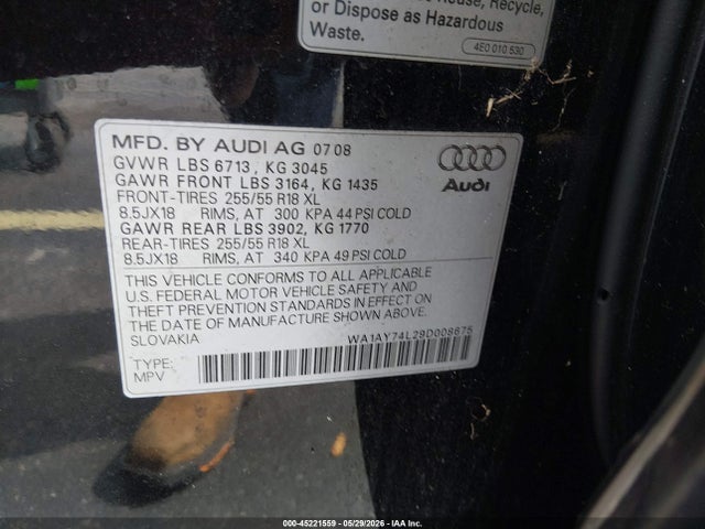 45221559 :رقم المزاد ، WA1AY74L29D008675 vin ، 2009 Audi Q7 3.6 5 Passenger/3.6 Premium مزاد بيع