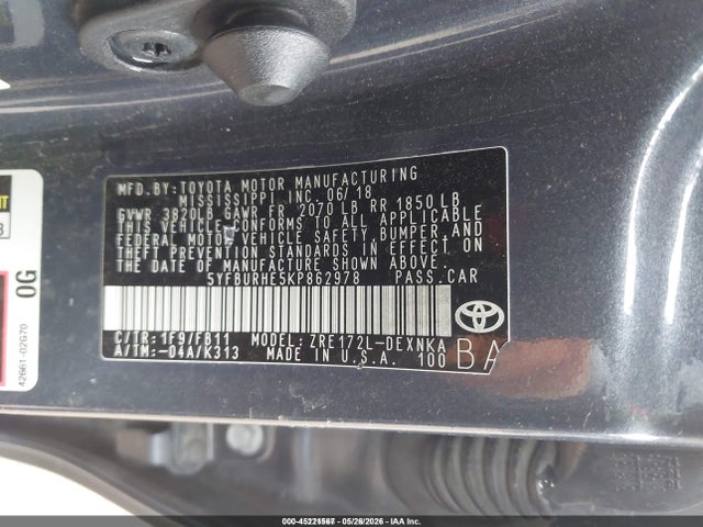 45221567 :رقم المزاد ، 5YFBURHE5KP862978 vin ، 2019 Toyota Corolla Le مزاد بيع
