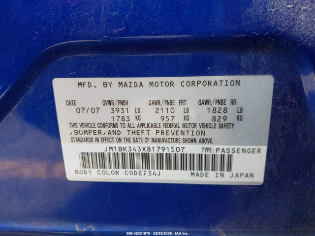 45221570 :رقم المزاد ، JM1BK343X81791507 vin ، 2008 Mazda Mazda3 S Touring مزاد بيع