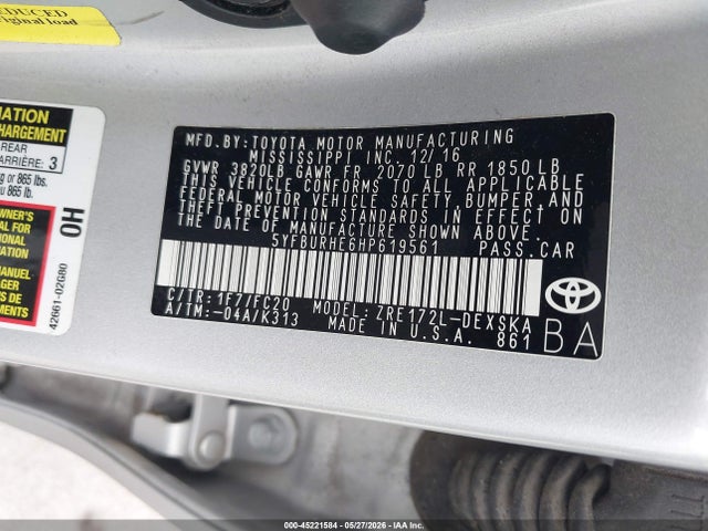 2017 Toyota Corolla Se მანქანა იყიდება აუქციონზე, vin: 5YFBURHE6HP619561, აუქციონის ნომერი: 45221584