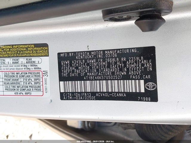 45221592 :رقم المزاد ، 4T1BE46K57U502527 vin ، 2007 Toyota Camry Le مزاد بيع
