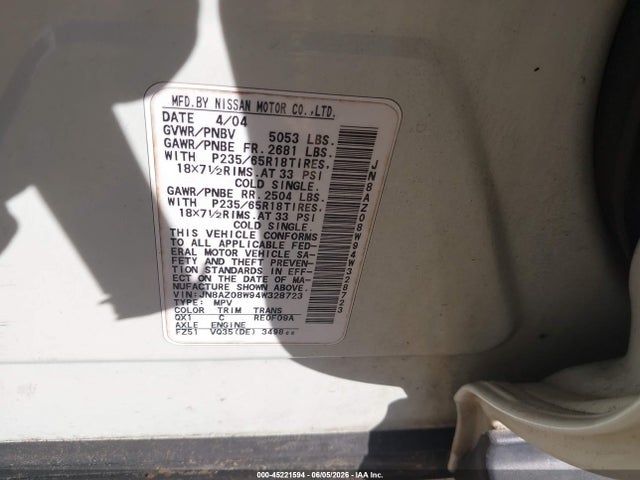 2004 Nissan Murano Sl მანქანა იყიდება აუქციონზე, vin: JN8AZ08W94W328723, აუქციონის ნომერი: 45221594