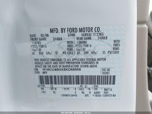 Aukcja sprzedaży 2008 Ford Escape Hybrid, vin: 1FMCU49HX8KD68568, numer aukcji: 45221599
