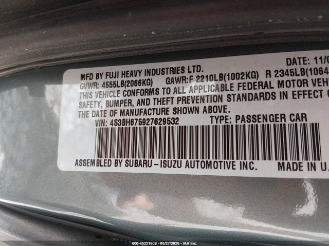 Aukcja sprzedaży 2002 Subaru Outback, vin: 4S3BH675927629532, numer aukcji: 45221609