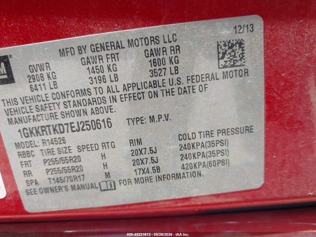 Auction sale of the 2014 Gmc Acadia Denali, vin: 1GKKRTKD7EJ250616, lot number: 45221613