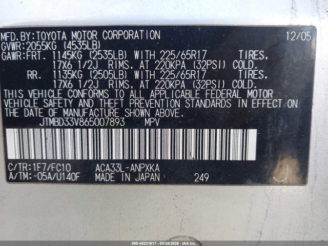 Aukcja sprzedaży 2006 Toyota Rav4, vin: JTMBD33V865007893, numer aukcji: 45221617