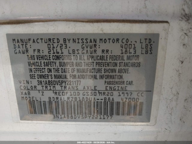 Продаж на аукціоні авто 2023 Nissan Sentra Sr Xtronic Cvt, vin: 3N1AB8DV5PY221177, номер лоту: 45221629