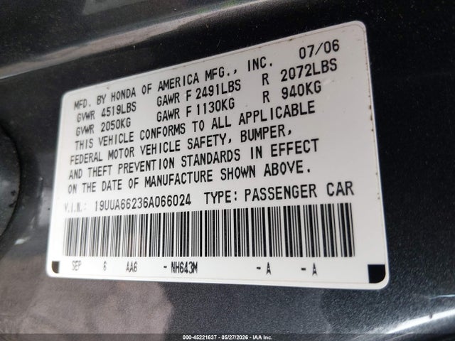 Продажа на аукционе авто 2006 Acura Tl, vin: 19UUA66236A066024, номер лота: 45221637
