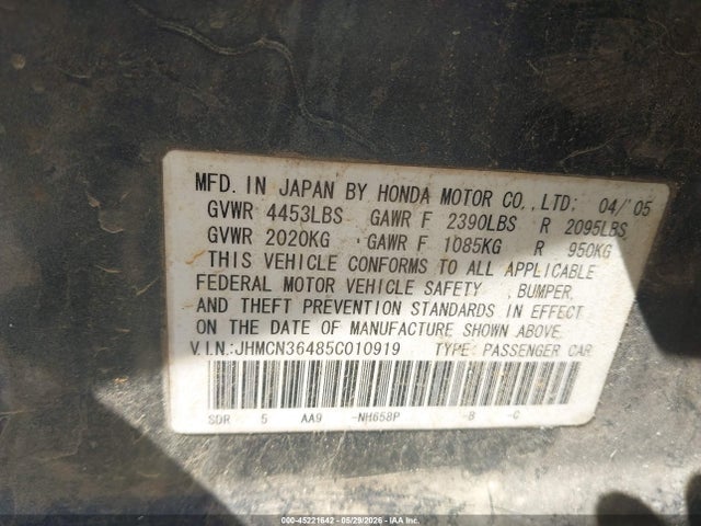 2005 Honda Accord Hybrid Ima მანქანა იყიდება აუქციონზე, vin: JHMCN36485C010919, აუქციონის ნომერი: 45221642