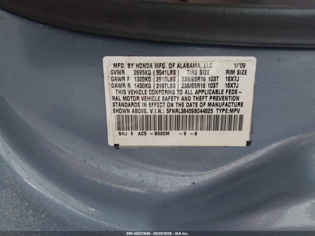 45221646 :رقم المزاد ، 5FNRL38459B044825 vin ، 2009 Honda Odyssey Ex مزاد بيع
