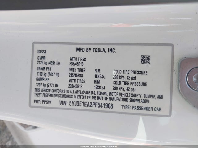 2023 Tesla Model 3 Rear-wheel Drive მანქანა იყიდება აუქციონზე, vin: 5YJ3E1EA2PF541908, აუქციონის ნომერი: 45221649