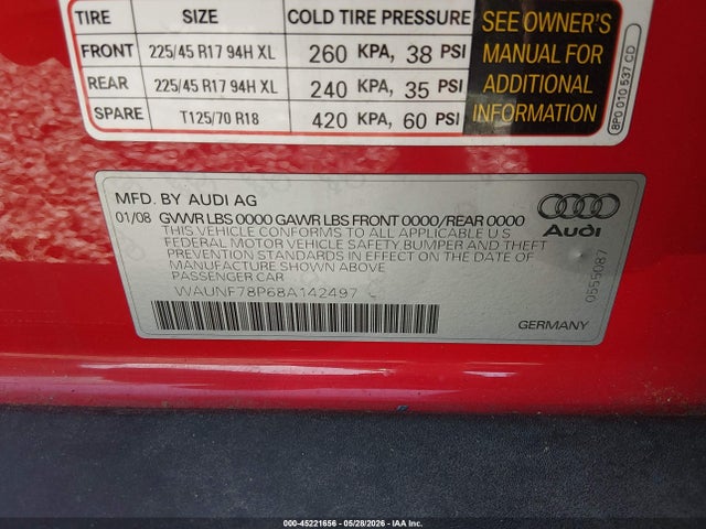 Aukcja sprzedaży 2008 Audi A3 2.0t, vin: WAUNF78P68A142497, numer aukcji: 45221656