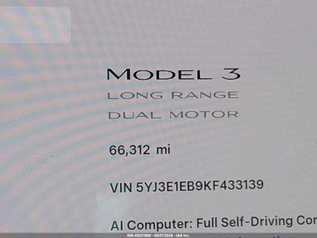 Продаж на аукціоні авто 2019 Tesla Model 3 Long Range/performance, vin: 5YJ3E1EB9KF433139, номер лоту: 45221660