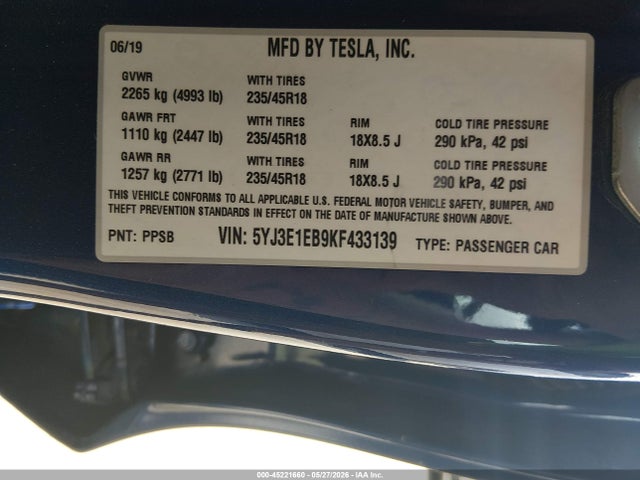 Продаж на аукціоні авто 2019 Tesla Model 3 Long Range/performance, vin: 5YJ3E1EB9KF433139, номер лоту: 45221660