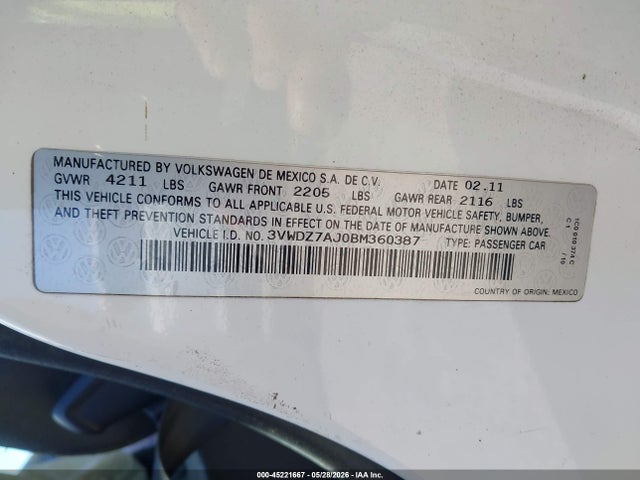 Продажа на аукционе авто 2011 Volkswagen Jetta 2.5l Se, vin: 3VWDZ7AJ0BM360387, номер лота: 45221667