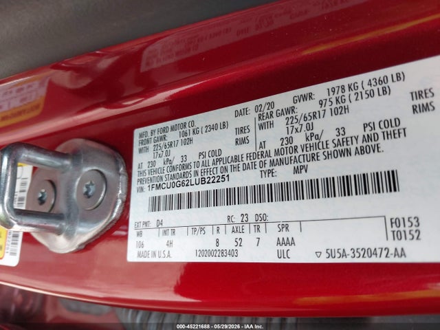 Aukcja sprzedaży 2020 Ford Escape Se, vin: 1FMCU0G62LUB22251, numer aukcji: 45221688