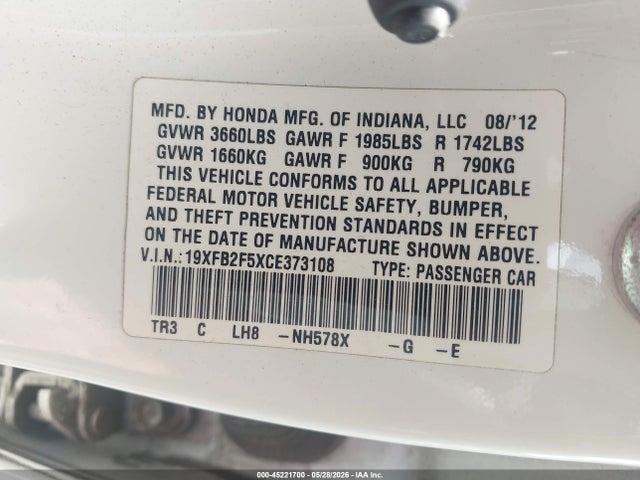 2012 Honda Civic Lx მანქანა იყიდება აუქციონზე, vin: 19XFB2F5XCE373108, აუქციონის ნომერი: 45221700