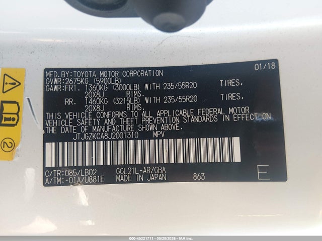 45221711 :رقم المزاد ، JTJGZKCA8J2001310 vin ، 2018 Lexus Rx 350l Premium مزاد بيع