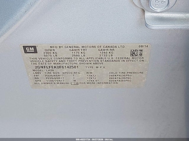 45221724 :رقم المزاد ، 2GNFLFEK0F6142581 vin ، 2015 Chevrolet Equinox 1lt مزاد بيع