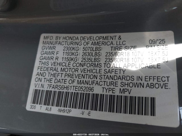 7FARS6H61TE052096 Honda Cr-v Hybrid Awd Trailsport