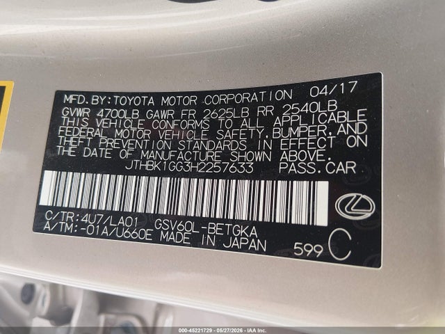 Продаж на аукціоні авто 2017 Lexus Es 350, vin: JTHBK1GG3H2257633, номер лоту: 45221729