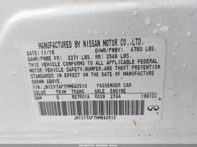 45221730 :رقم المزاد ، JN1CV7AP7HM640510 vin ، 2017 Infiniti Q50 2.0t Base مزاد بيع