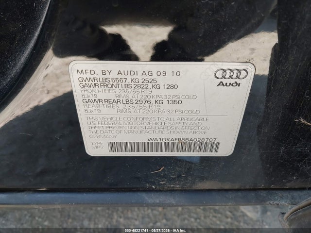 45221741 :رقم المزاد ، WA1DKAFP8BA028707 vin ، 2011 Audi Q5 3.2 Premium Plus مزاد بيع