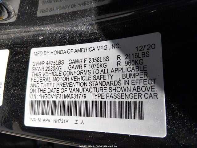 45221743 :رقم المزاد ، 1HGCV1F31MA031779 vin ، 2021 Honda Accord Sport مزاد بيع
