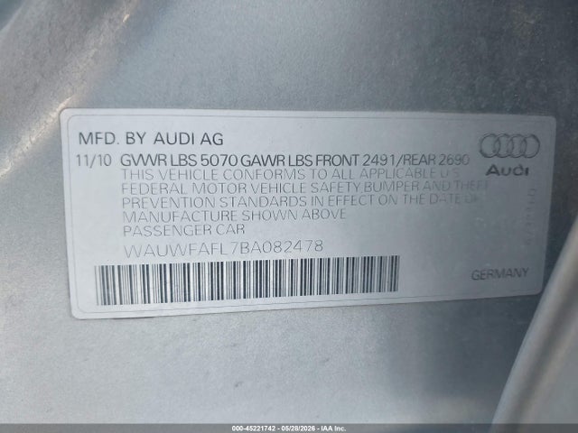 2011 Audi A4 2.0t Premium მანქანა იყიდება აუქციონზე, vin: WAUWFAFL7BA082478, აუქციონის ნომერი: 45221742