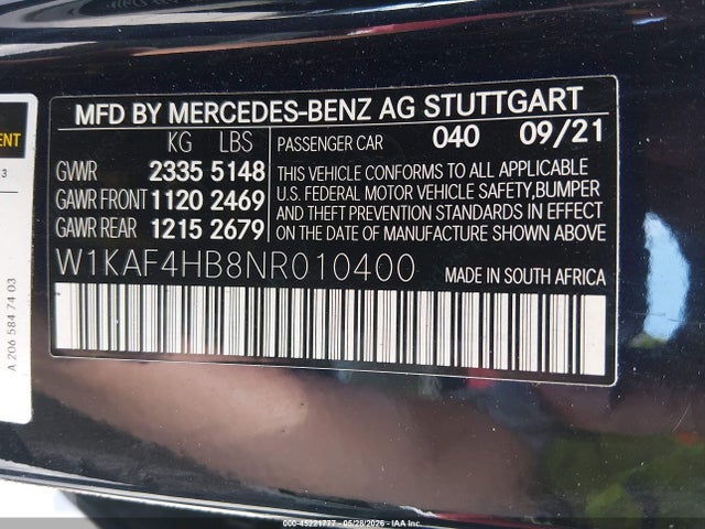 Aukcja sprzedaży 2022 Mercedes-benz C 300 4matic, vin: W1KAF4HB8NR010400, numer aukcji: 45221777