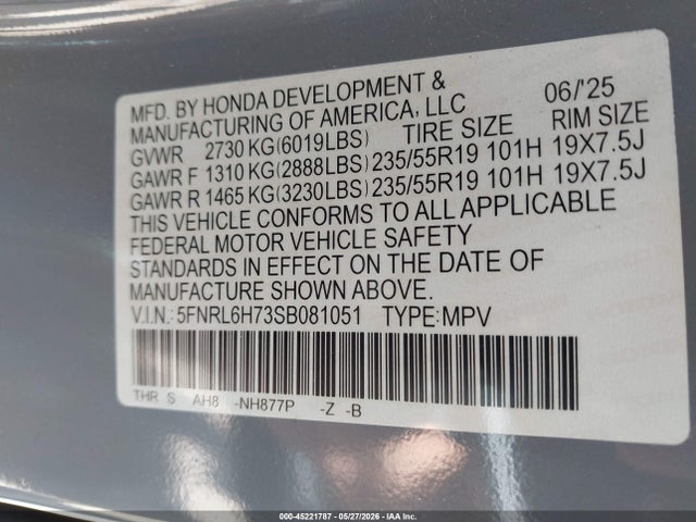45221787 :رقم المزاد ، 5FNRL6H73SB081051 vin ، 2025 Honda Odyssey Sport-l مزاد بيع