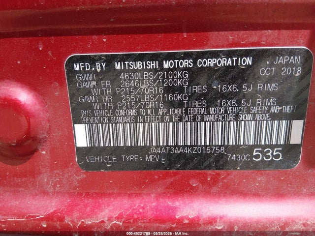 2019 Mitsubishi Eclipse Cross Es მანქანა იყიდება აუქციონზე, vin: JA4AT3AA4KZ015758, აუქციონის ნომერი: 45221789