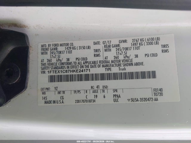 Aukcja sprzedaży 2017 Ford F-150 Xl, vin: 1FTEX1C87HKE24171, numer aukcji: 45221791