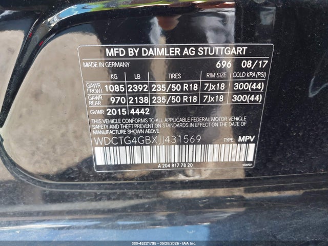 45221795 :رقم المزاد ، WDCTG4GBXJJ431569 vin ، 2018 Mercedes-benz Gla 250 4matic مزاد بيع