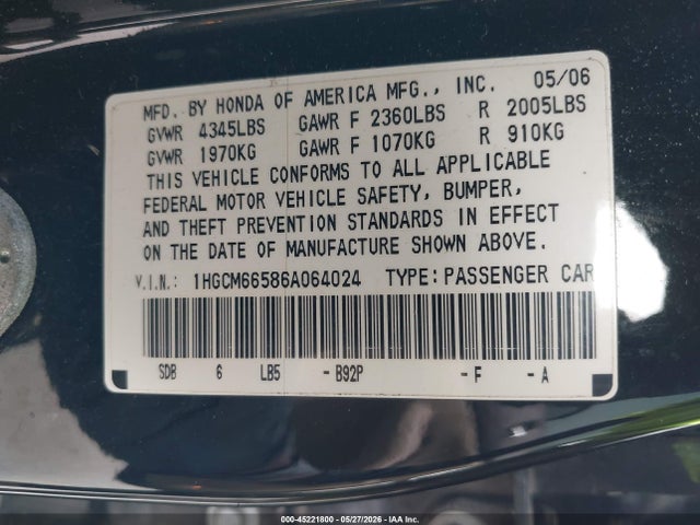 Продажа на аукционе авто 2006 Honda Accord 3.0 Ex, vin: 1HGCM66586A064024, номер лота: 45221800