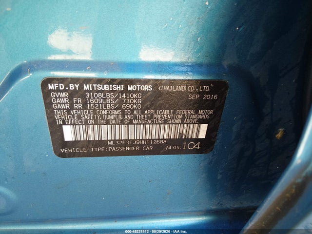 Продажа на аукционе авто 2017 Mitsubishi Mirage G4 Es, vin: ML32F3FJ9HHF12688, номер лота: 45221812