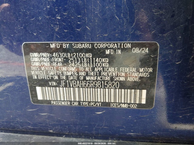 2024 Subaru Wrx Premium მანქანა იყიდება აუქციონზე, vin: JF1VBAH66R9815820, აუქციონის ნომერი: 45221819