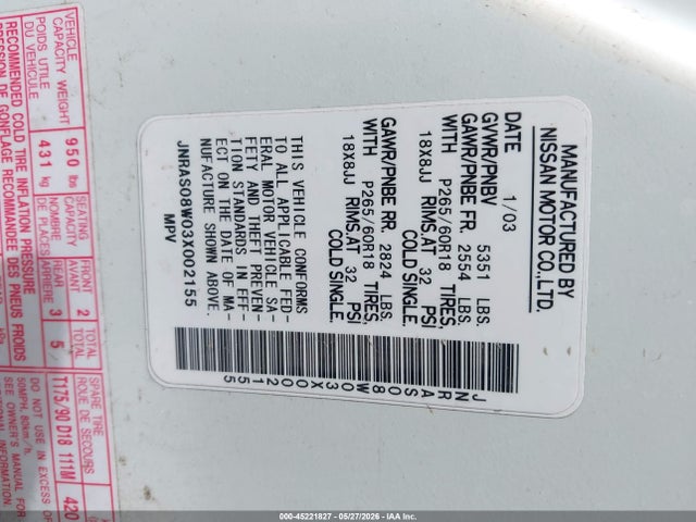 Продаж на аукціоні авто 2003 Infiniti Fx35, vin: JNRAS08W03X002155, номер лоту: 45221827