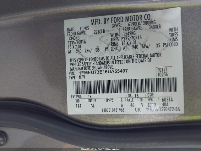 2006 Ford Explorer Xlt მანქანა იყიდება აუქციონზე, vin: 1FMEU73E16UA55497, აუქციონის ნომერი: 45221829